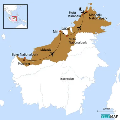 Malaysia, Borneo Naturreise, Naturerlebnis Borneo mit Badeaufenthalt, Karte