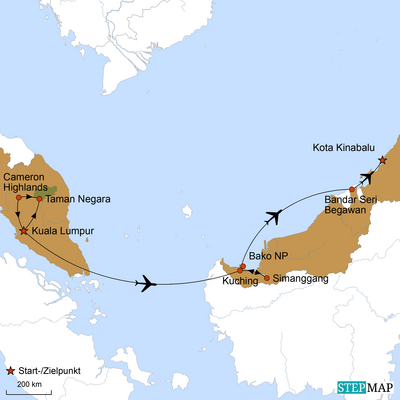 Reiseverlauf, Entdeckungsreise Westmalaysia, Borneo und Brunei, Malaysia Rundreise